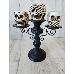 Yankee candle holder candelabra skeleton hear speak no evil Halloween decor prop